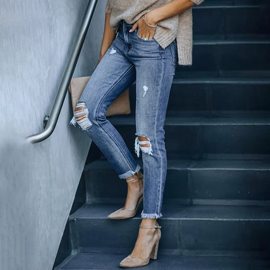 Women's Blue Ripped Slim Fit High Waist Jeans