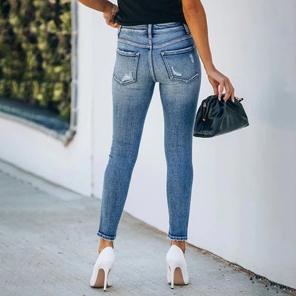 Women's Elegant Blue Washed Slim Straight Leg Jeans