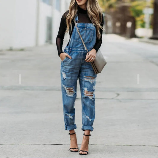 Women's Casual Straight Ripped Washed Overalls
