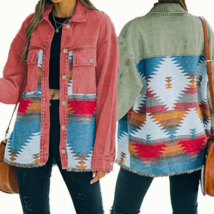 Women's Retro Long Sleeved Pocket Lapel Loose Fit Denim Jacket