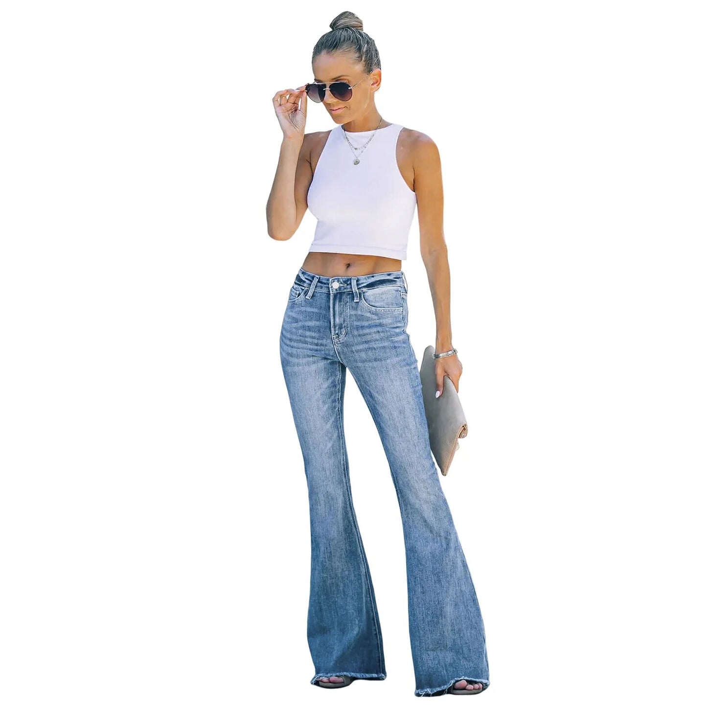 Women's Vintage Elastic Washed Flare High Waist Jeans
