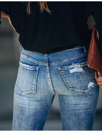Women's Blue Mid Waist Streetwear Ripped Pencil Pants