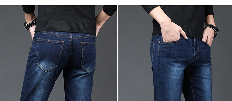 Men's Mid Waist Slim Straight Stretch Stone Wash Jeans
