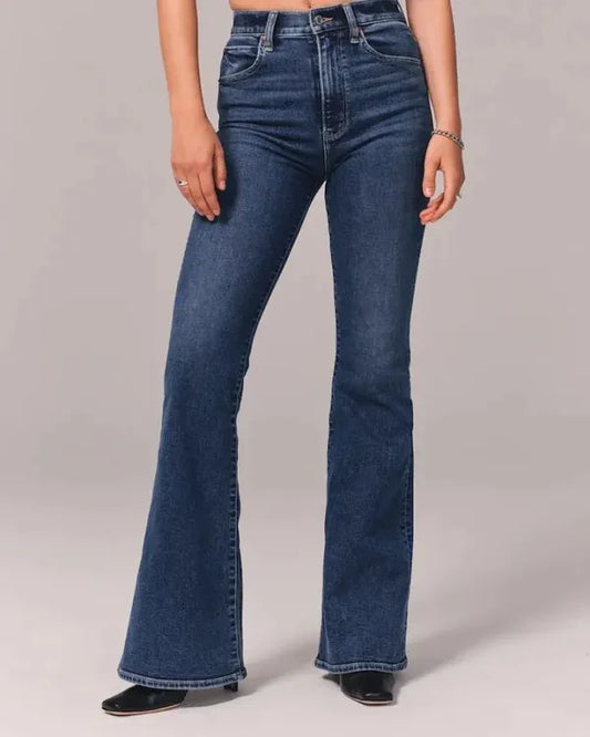 Women's Casual Dark Blue Flare High Waist Stretch Jeans