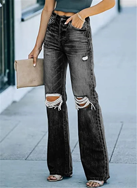 Women's Retro Flared Loose Fit Ripped Jeans